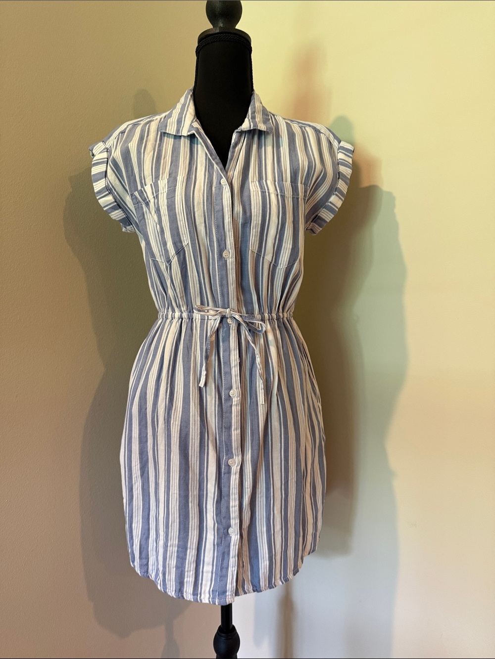 Striped Blue & White Tie-Waist Mini Shirt Dress